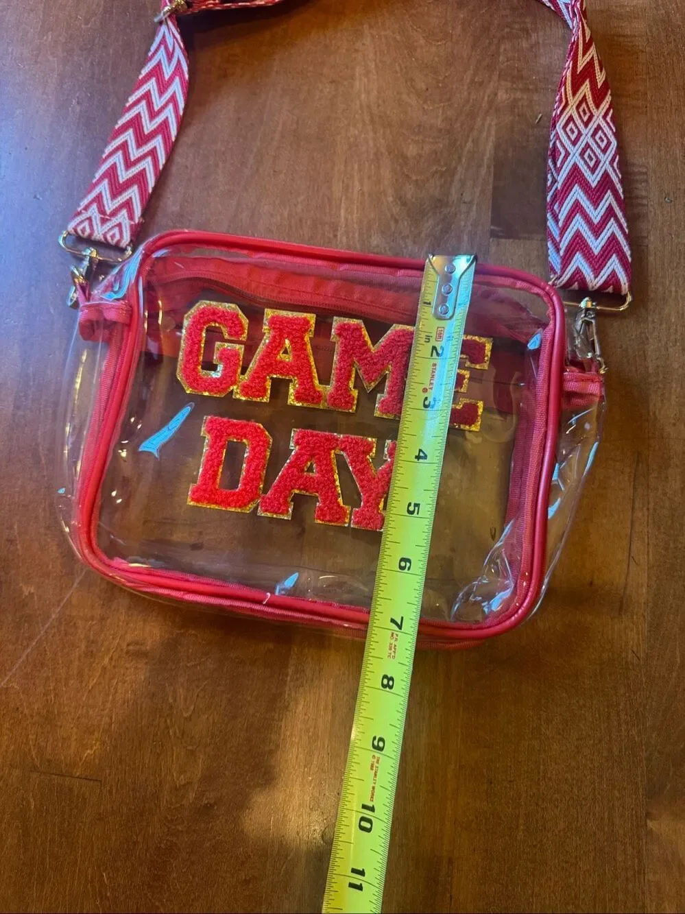 Game Day Clear Stadium Crossbody Bag Red White Chenille Adjustable Strap NEW